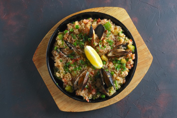 Signature seafood paella with socarrat